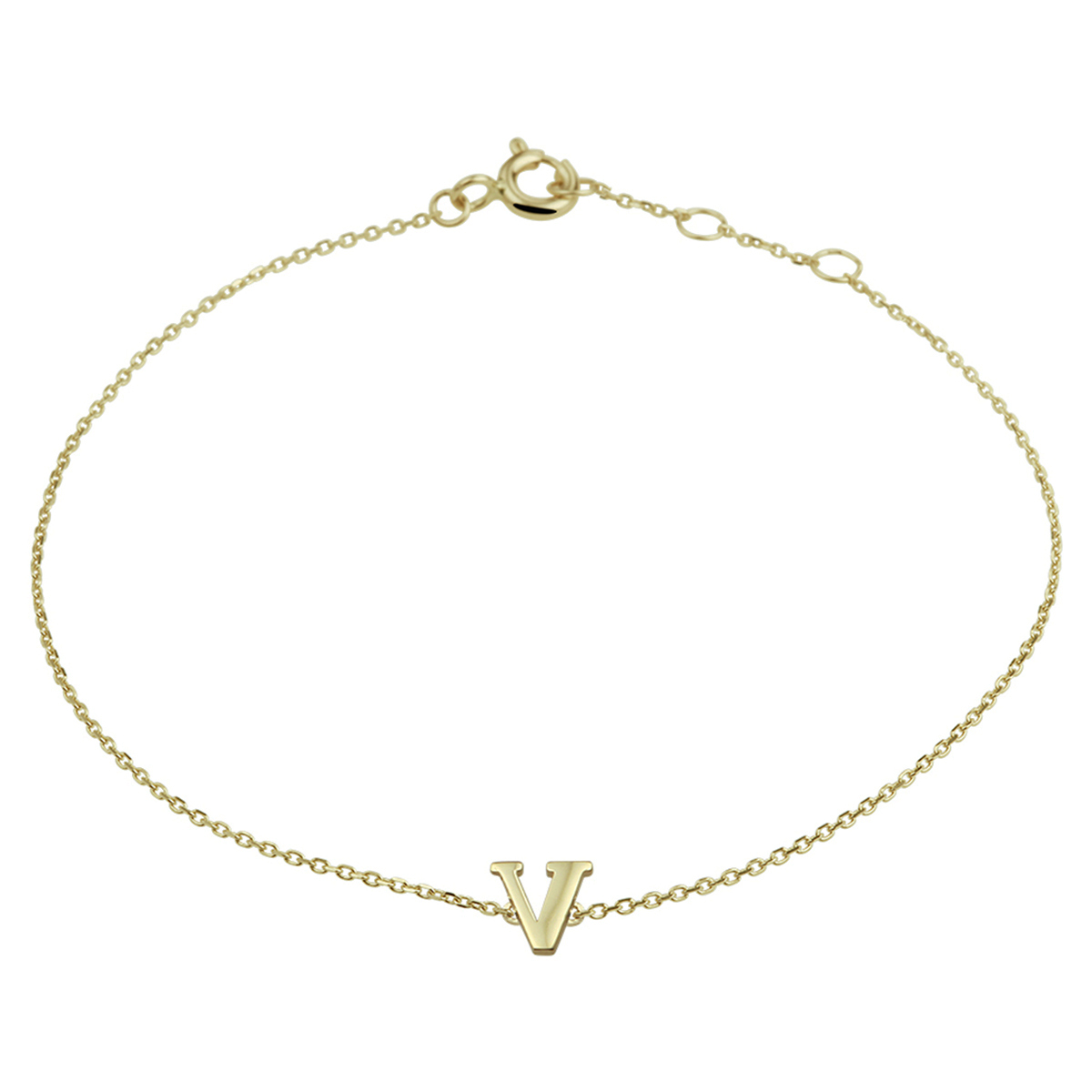 14k Geelgouden anker armband uitgevoerd met de letter V. De armband heeft draaglengtes van 16.5, 17.5 en 18.5cm. De letter heeft een afmeting van 6x5.5mm.