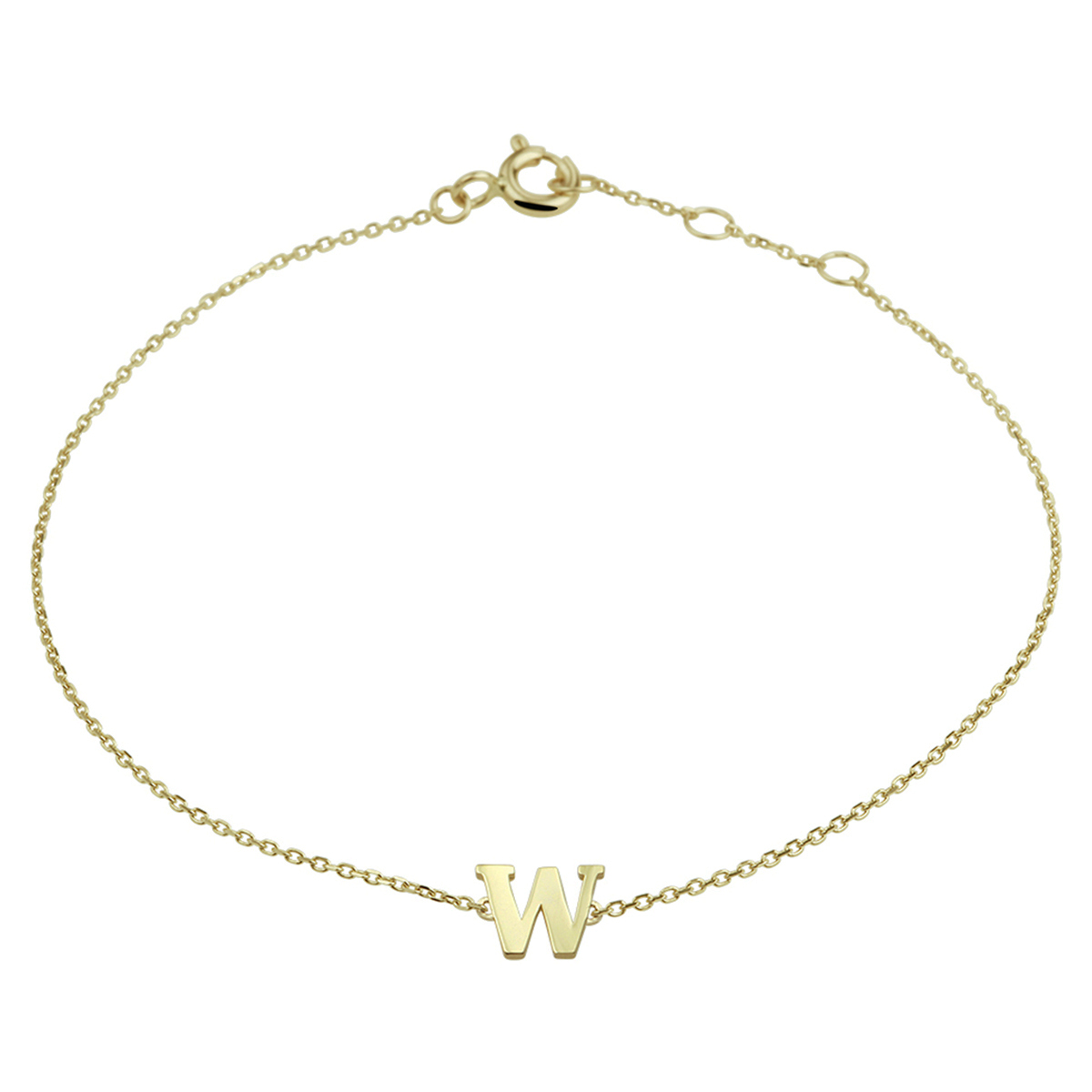 14k Geelgouden anker armband uitgevoerd met de letter W. De armband heeft draaglengtes van 16.5, 17.5 en 18.5cm. De letter heeft een afmeting van 6x7.5mm.