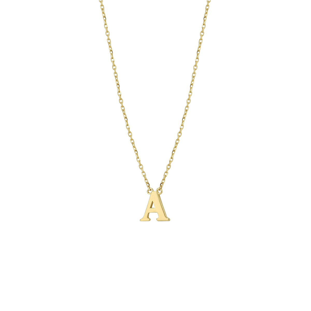14k Geelgouden anker collier uitgevoerd met de letter A. Het collier heeft draaglengtes van 40, 42 en 44cm. De letter heeft een afmeting van 6x6.5mm.