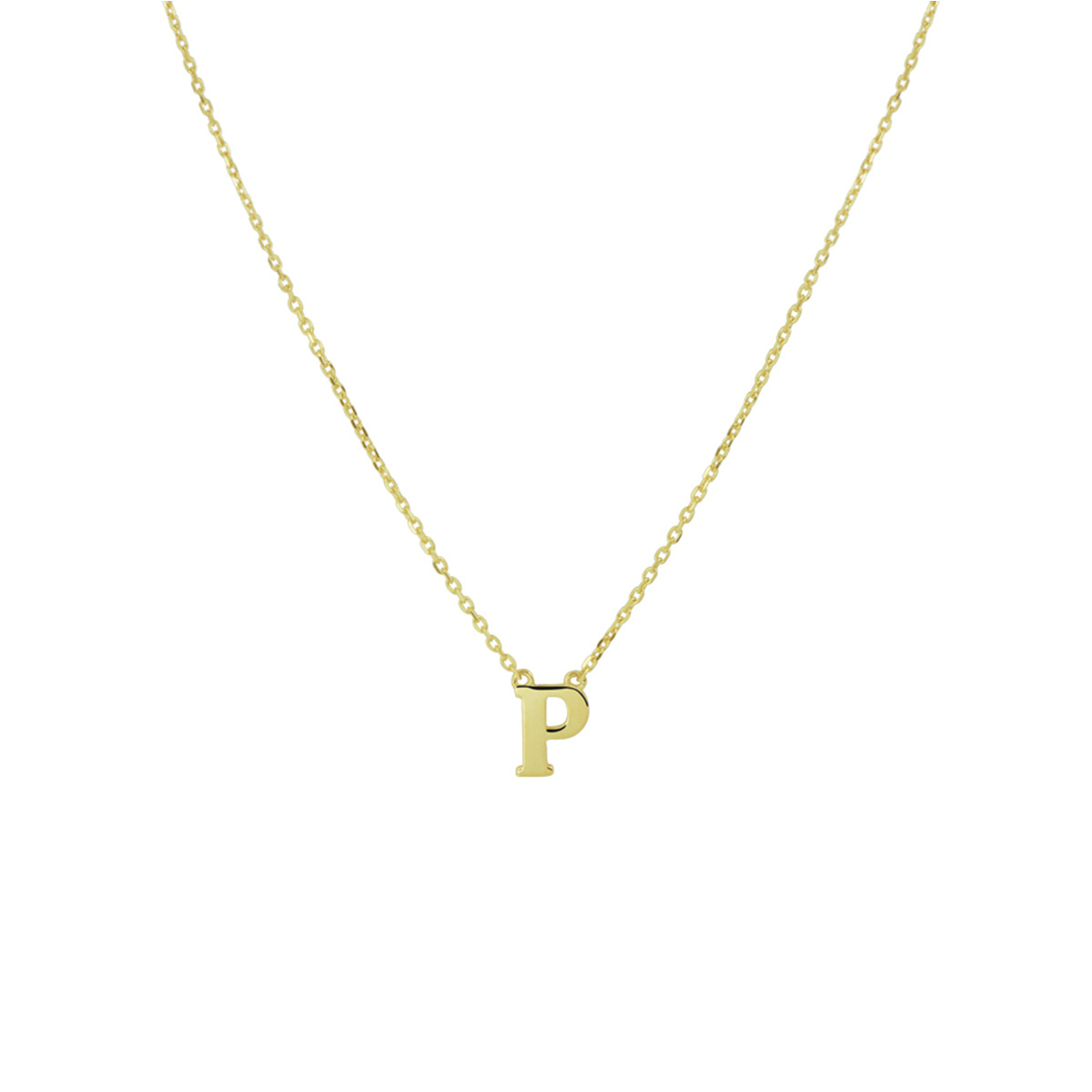 14k Geelgouden anker collier uitgevoerd met de letter P. Het collier heeft draaglengtes van 40, 42 en 44cm. De letter heeft een afmeting van 6x5mm.