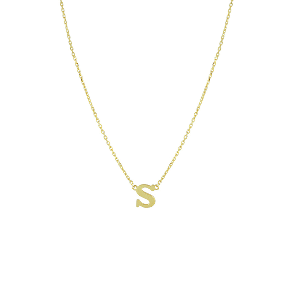 14k Geelgouden anker collier uitgevoerd met de letter S. Het collier heeft draaglengtes van 40, 42 en 44cm. De letter heeft een afmeting van 6x5mm.
