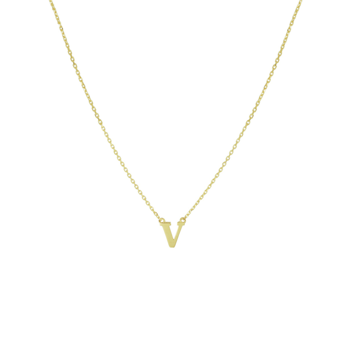 14k Geelgouden anker collier uitgevoerd met de letter V. Het collier heeft draaglengtes van 40, 42 en 44cm. De letter heeft een afmeting van 6x5.5mm.