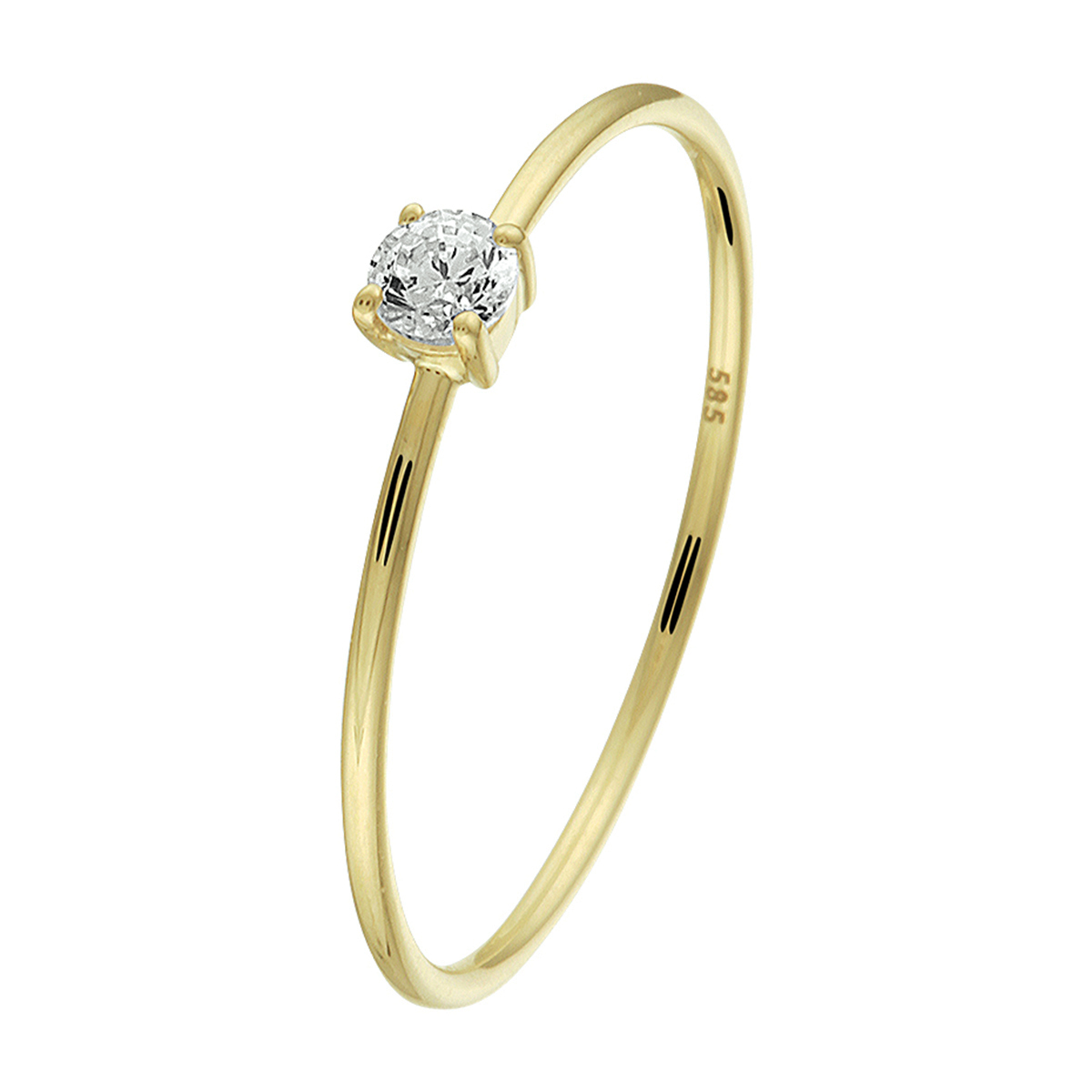 14k Geelgouden ring uitgevoerd met een schitterende zirkonia. De ring heeft een breedte van 3mm en een sterke scheen door getrokken draad.