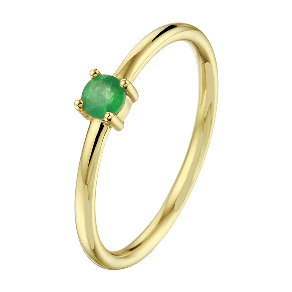 14k Geelgouden ring uitgevoerd met een echte smaragd (diameter 3.5mm). De ring heeft een breedte van 4mm.