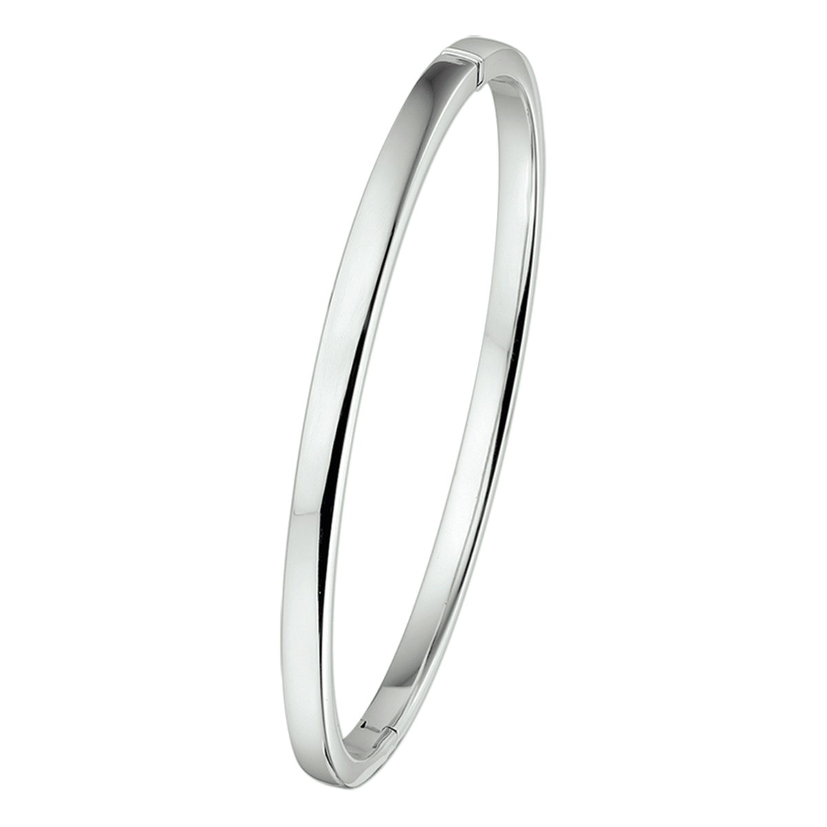 Een 14 karaats witgouden bangle armband met een scharniersluiting
Breedte: 4 mm