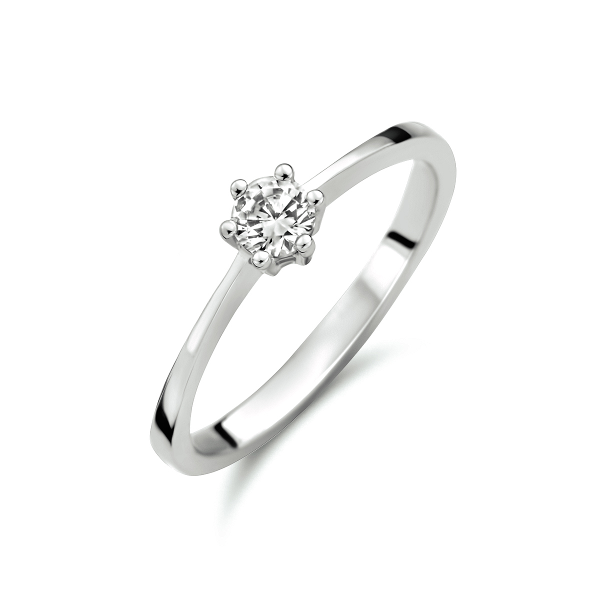 Beschrijving: Witgouden ring met zirkonia. 
Doelgroep: dames
Ringmaat: 17.00 mm (53)
Zetting: solitaire (chatonzetting)