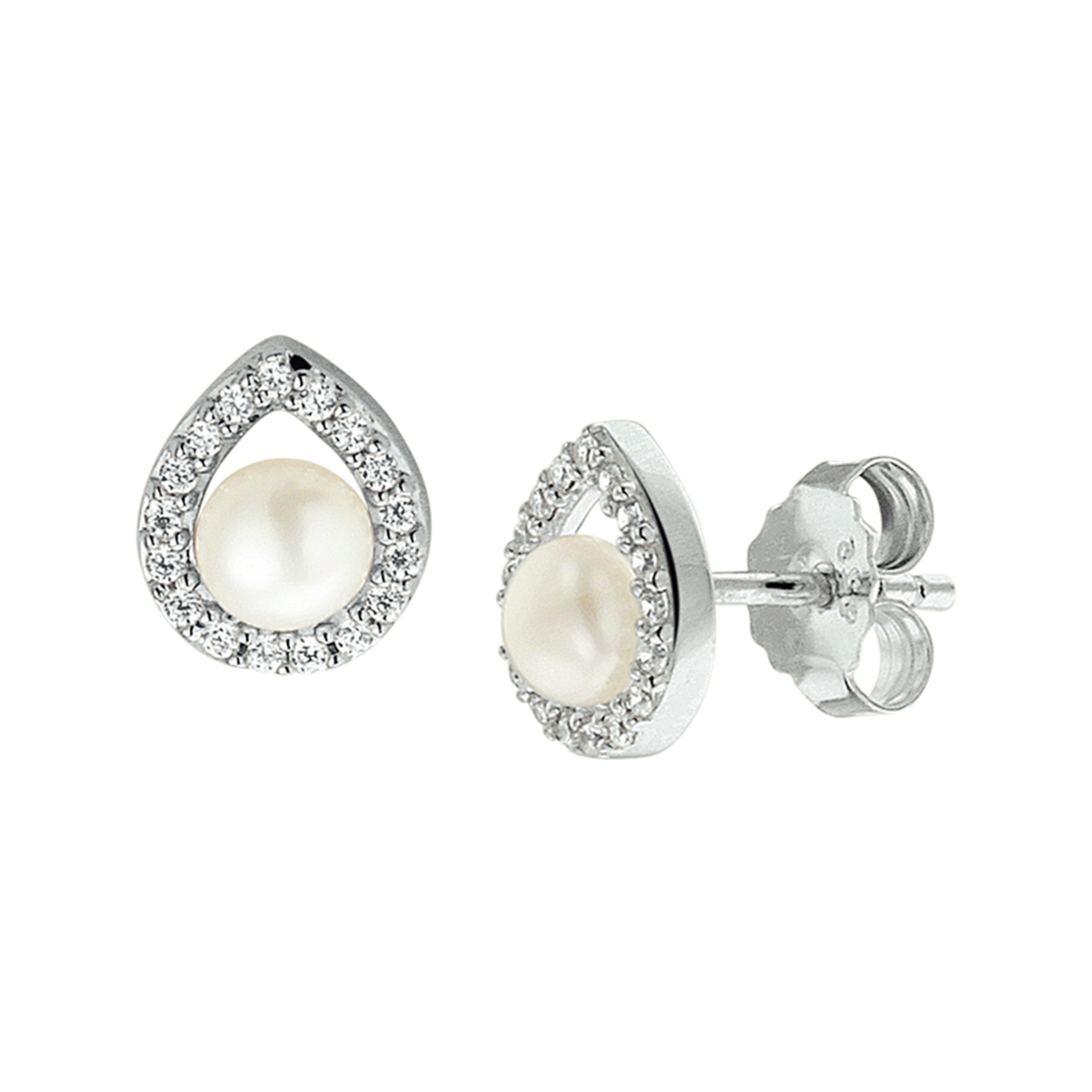 Chique gerhodineerd zilveren oorknoppen van 9x7.5mm uitgevoerd met een druppelvormige rijzetting van  briljant geslepen zirkonia en een zoetwaterparel van 4.5mm. Het design in combinatie met de blinkende zirkonia stenen zorgen voor een glamorous en elegante look. Deze oorsieraden zijn perfect voor die ene avond waar je wilt stralen met exclusieve sieraden met een unieke look.