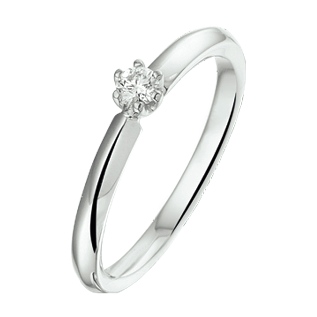 damesring witgoud
Ringmaat: 17.50 mm (55}
Breedte: 4 mm
Zetting: solitaire (chatonzetting)