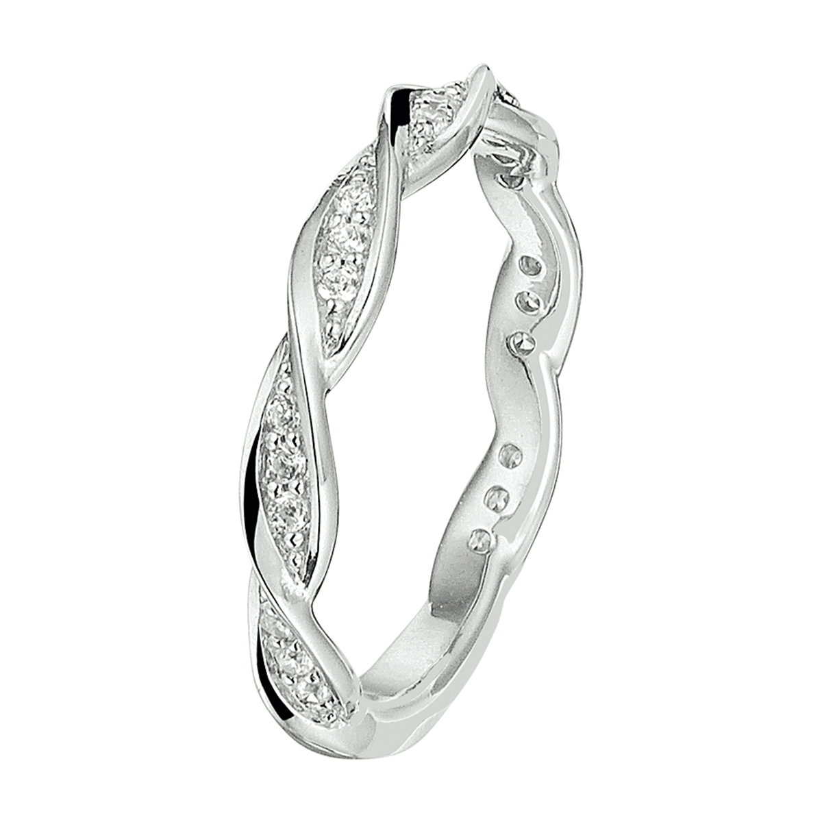 Stijlvolle gerhodineerd zilveren ring met schitterende zirkonia rijen. 