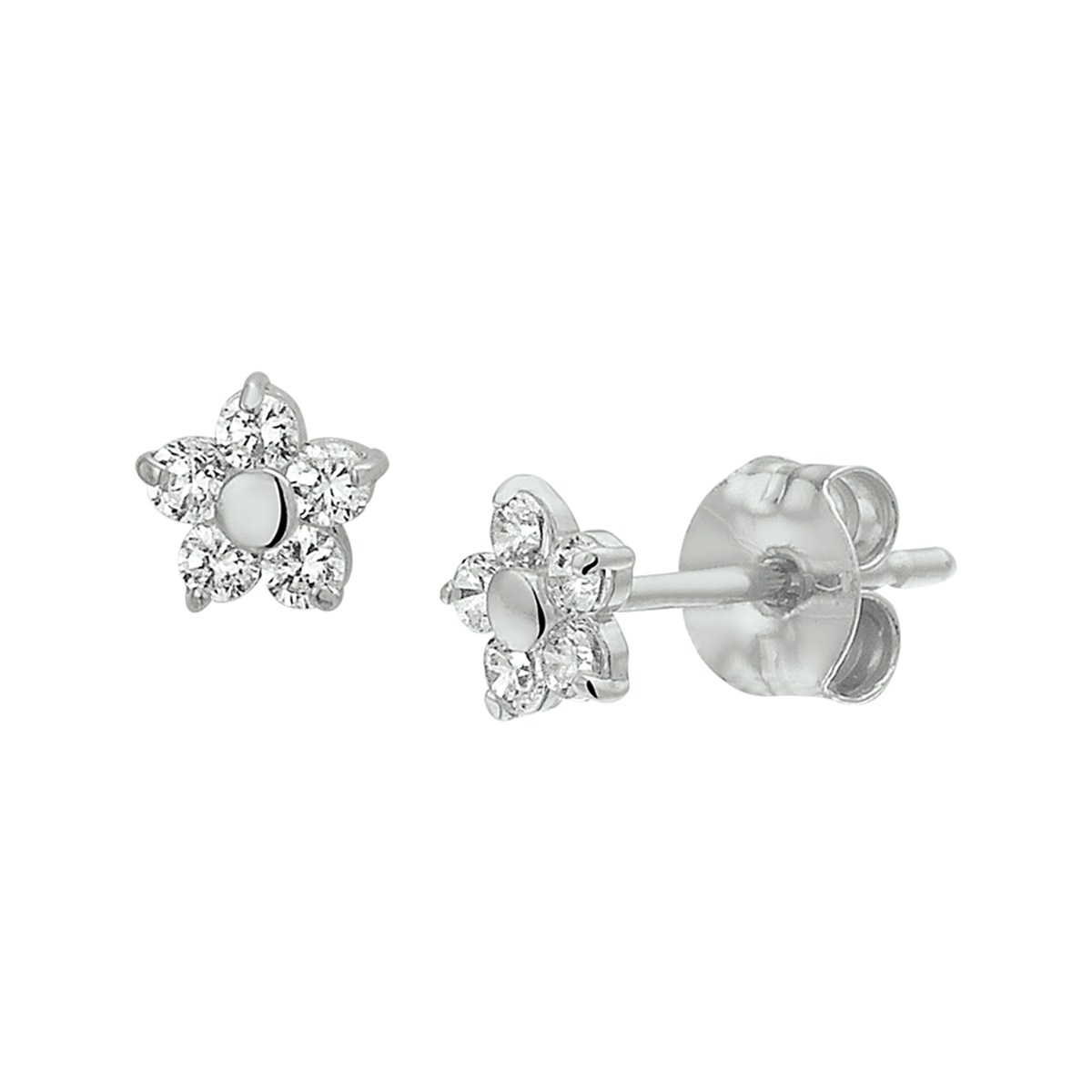 Witgouden oorknoppen met een bloem en zirkonia. 
Doelgroep: dames
Breedte: 4.5 mm
Hoogte: 4.5 mm