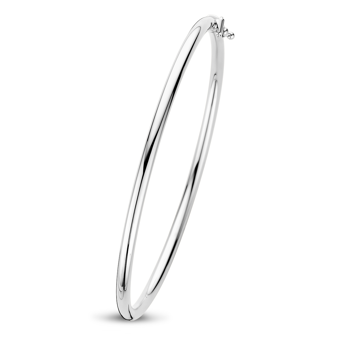 Witgouden bangle armband  met ronde buis en is uitgevoerd met een stevige scharnier sluiting. De bangle armband  heeft een diameter van 60mm en een breedte van 3mm.
Verpakt per: 1

Breedte: 3 mm