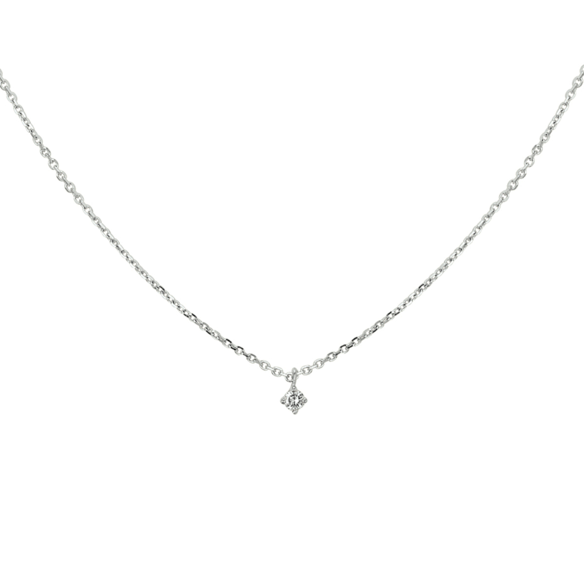 14k Witgouden collier met een diamant van 0.05ct en een karabijn sluiting. Met draaglengtes van 41, 43 en 45cm en de schakelbreedte is 1.25mm.