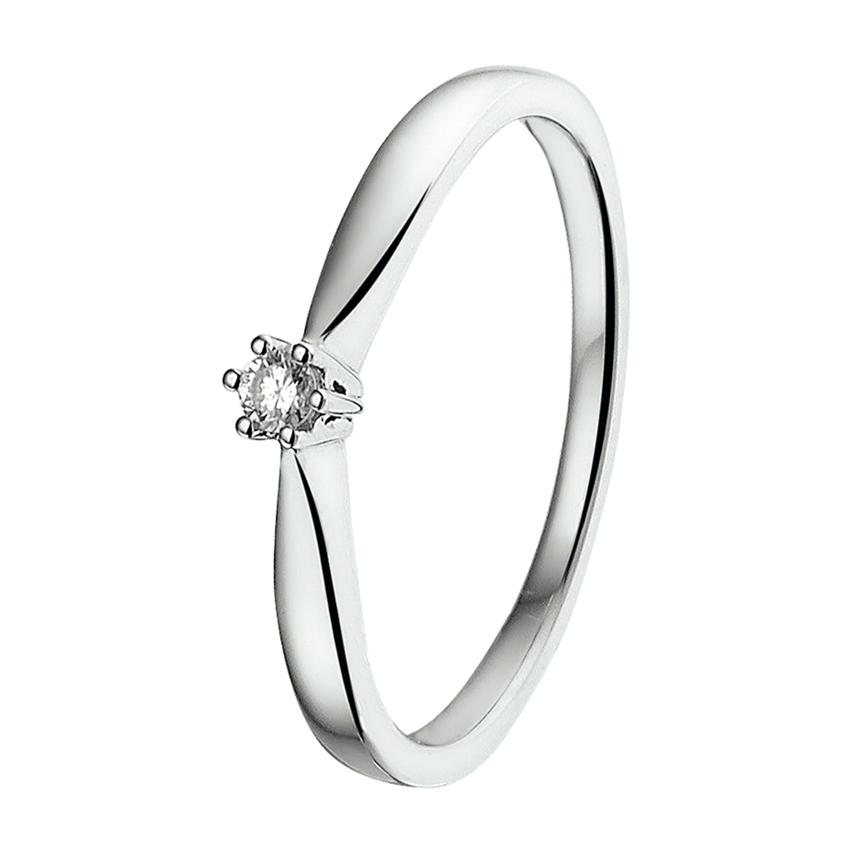 Elegante witgouden ring van 3mm breed en uitgevoerd met een briljant geslepen solitaire diamant van 0.05ct. in een chaton zetting. De ring is perfect te combineren met ander sieraden uit onze collectie of uit je eigen stash!. Tip: Diamonds are girls best friends een perfect kado voor een geliefde of dierbare!.