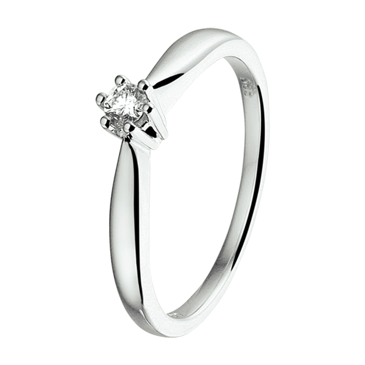 Elegante witgouden ring van 4mm breed en uitgevoerd met een briljant geslepen solitaire diamant van 0.08ct. in een chaton zetting. De ring is perfect te combineren met ander sieraden uit onze collectie of uit je eigen stash!. Tip: Diamonds are girls best friends een perfect kado voor een geliefde of dierbare!.
