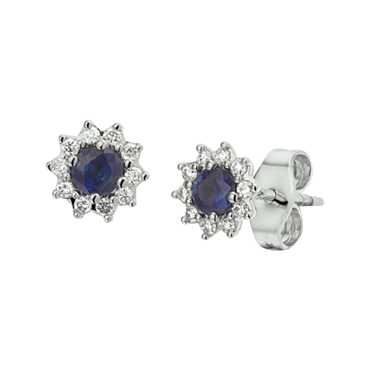 Chique witgouden oorknoppen met een diameter van 7mm uitgevoerd met een saffier van 3mm en briljant geslepen diamant van 0.13ct.