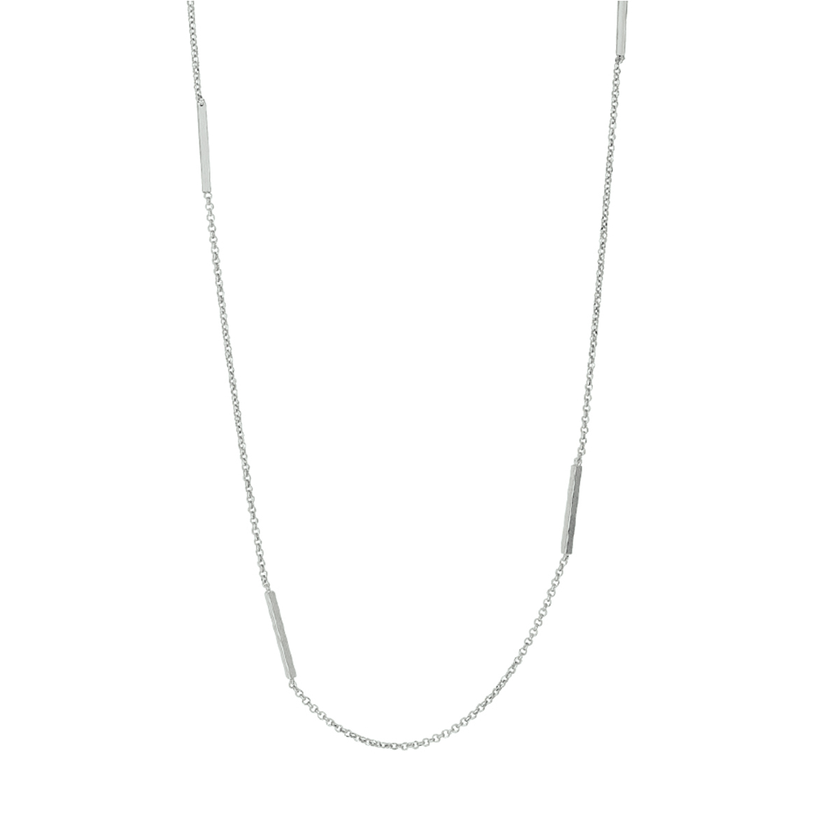 Gerhodineerd zilveren collier met een schakelbreedte van 1.4mm en een draaglengte van 80cm. Uitgevoerd met trendy balkjes van 1.5 x 18.5mm en een stevige karabijn sluiting. Tip: Leuk om kado te geven!