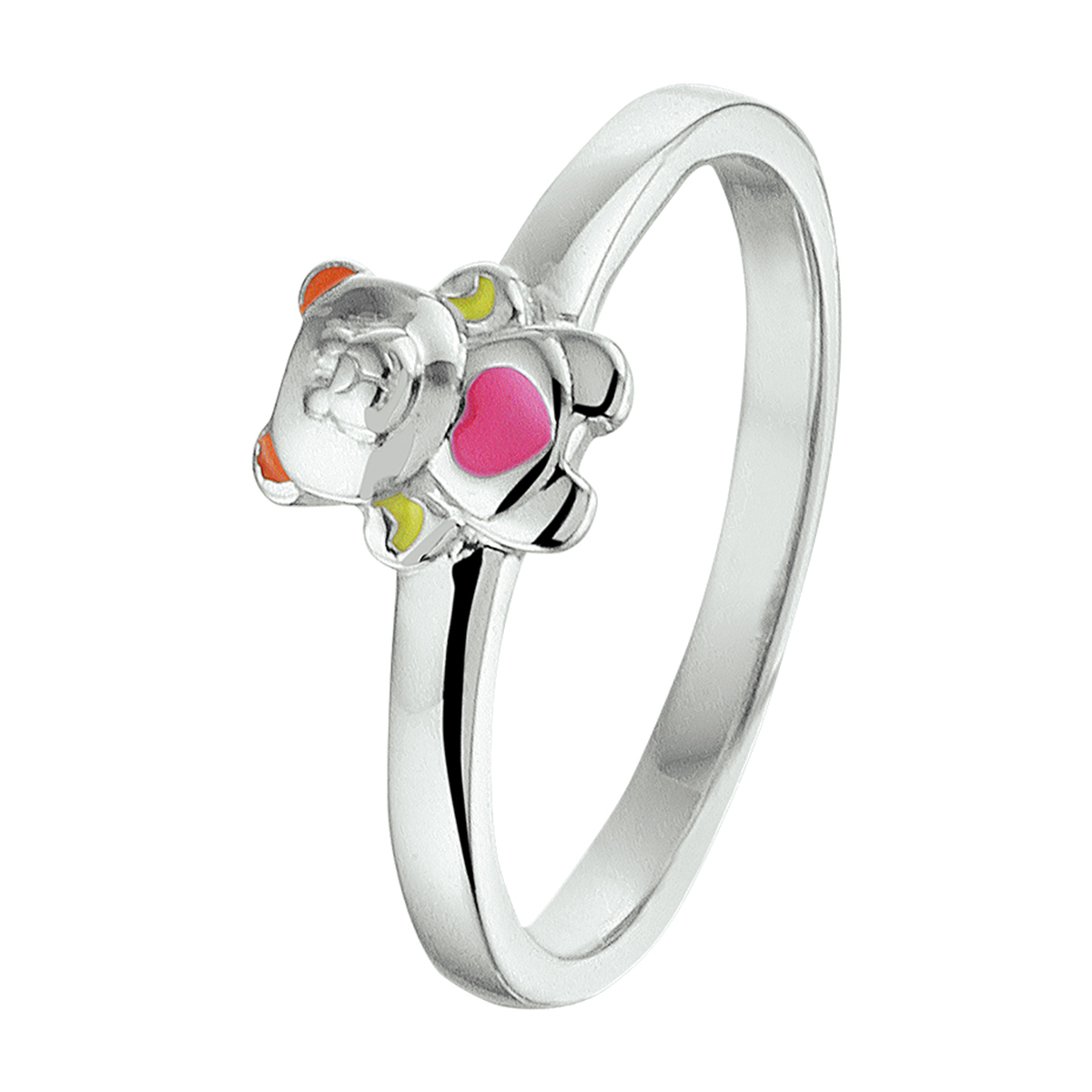 Deze schattige gerhodineerd zilveren met emaille beer ring heeft een breedte van 6.5mm. De ring is te combineren met bijpassende sieraden zodat er een leuke set van te maken is. Tip: Leuk om kado te geven aan kleine dametjes die willen stralen met schattige sieraden. Info: Gerhodineerd zilver is door de rhodiumlaag beter bestand tegen verkleuren en krassen.