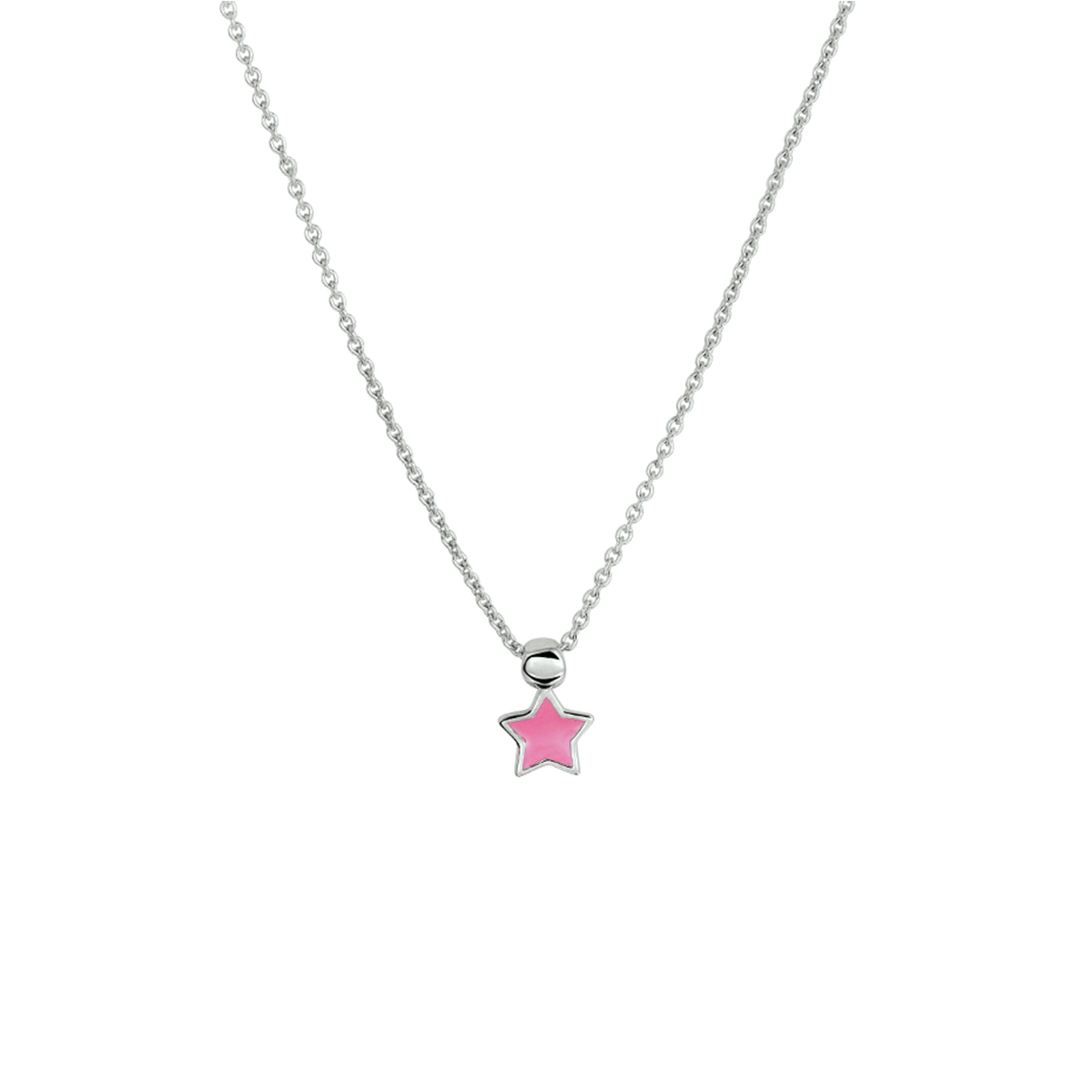 Schattig gerhodineerd zilveren collier uitgevoerd met een ster in donkerroze emaille en een stevige karabijn sluiting. Het collier heeft draaglengtes van 36 en 38cm en is goed te combineren met bijpassende sieraden uit onze collectie. De schakelbreedte is 1.2mm. Tip: Leuk om kado te geven! Info: Gerhodineerd zilver is door de rhodiumlaag beter bestand tegen verkleuren en krassen.