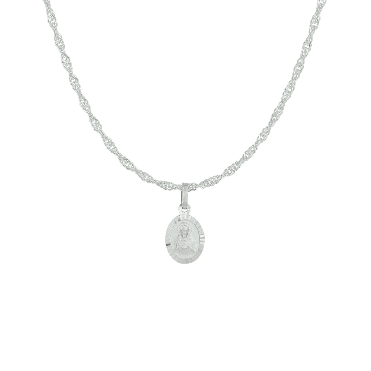 Vintage gerhodineerd zilveren collier met een dubbelzijdige scapulier hanger met een breedte van 8mm. Het collier heeft een draaglengte van 41cm en een extensie van 4cm. Dit collier geeft je look direct een chique en stijlvolle uitstraling.