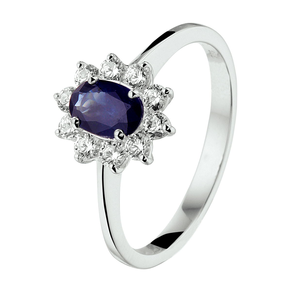 14k Witgouden ring uitgevoerd met een schitterende saffier en een zirkonia rij. De ring heeft een breedte van 8.5mm.