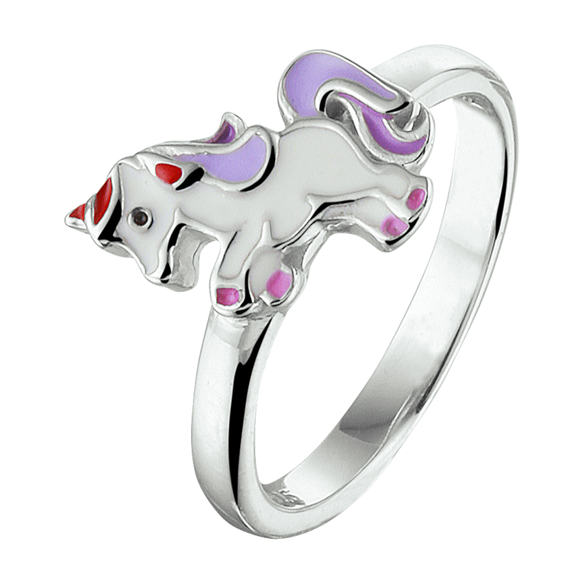 Schattige gerhodineerd zilveren fantasie eenhoorn ring met een breedte van 9,5mm. Info: Gerhodineerd zilver is door de rhodiumlaag beter bestand tegen verkleuren en krassen.