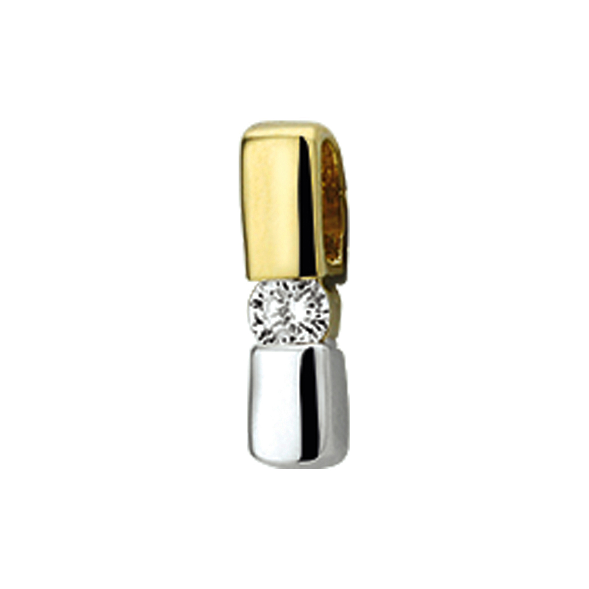 Beschrijving: Bicolor wit- en geelgouden hanger met diamant. 
Verpakt per: 1
Doelgroep: dames
Breedte: 3 mm
Hoogte: 10.5 mm
Zetting: solitaire (span zetting)