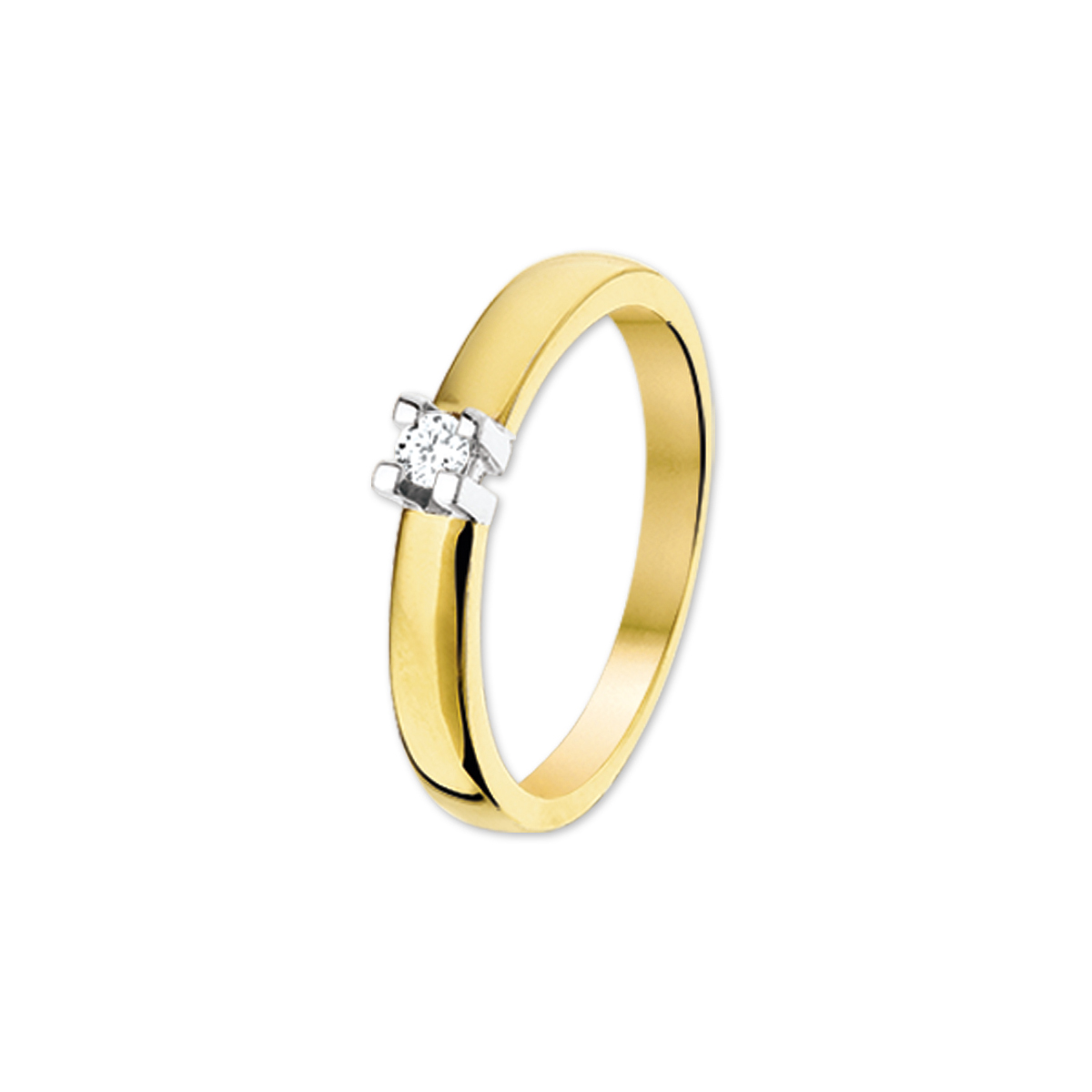Beschrijving: Bicolor wit- en geelgouden ring met diamant. 
Uniekenummer serie: 26713
Verpakt per: 1
Doelgroep: dames
Ringmaat: 16.00 mm (50)
Breedte: 4 mm
Zetting: solitaire (chatonzetting)