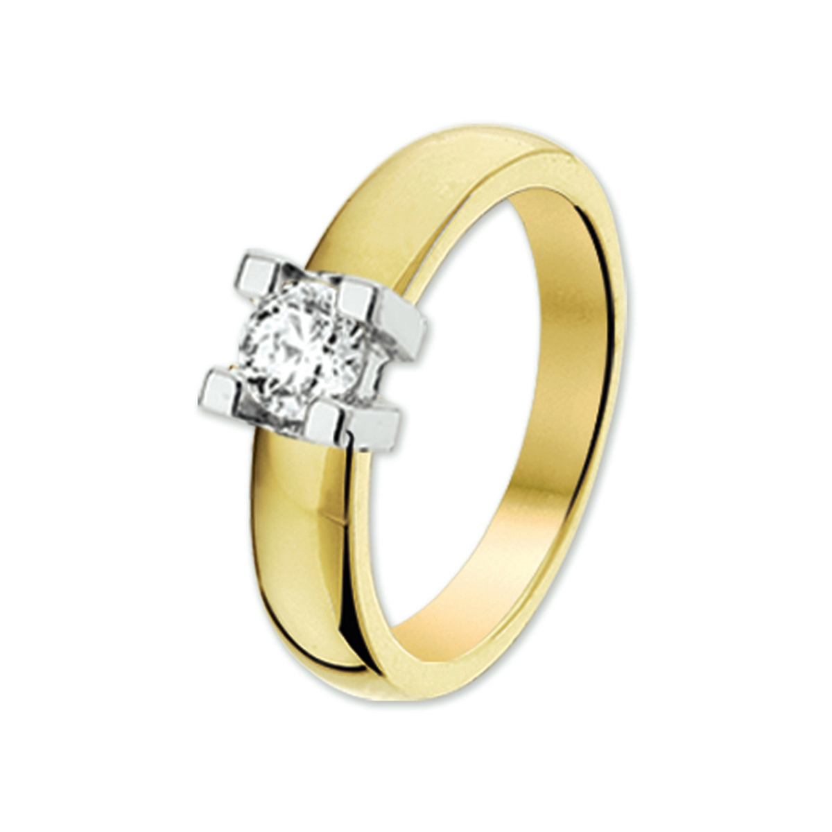 Beschrijving: Bicolor wit- en geelgouden ring met diamant. 
Uniekenummer serie: 29166
Verpakt per: 1
Doelgroep: dames
Ringmaat: 17.50 mm (55)
Breedte: 4.5 mm
Zetting: solitaire (chatonzetting)