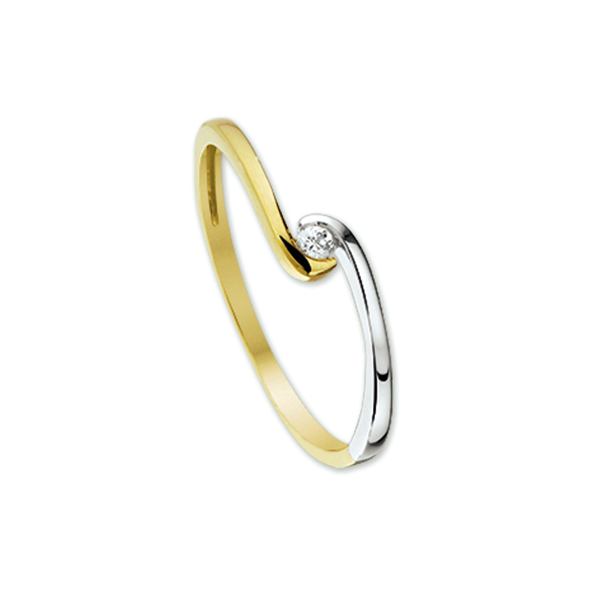 Beschrijving: Bicolor wit- en geelgouden ring met zirkonia. 
Verpakt per: 1
Doelgroep: dames
Ringmaat: 16.50 mm (52)
Breedte: 4.5 mm
Zetting: solitaire (span zetting)