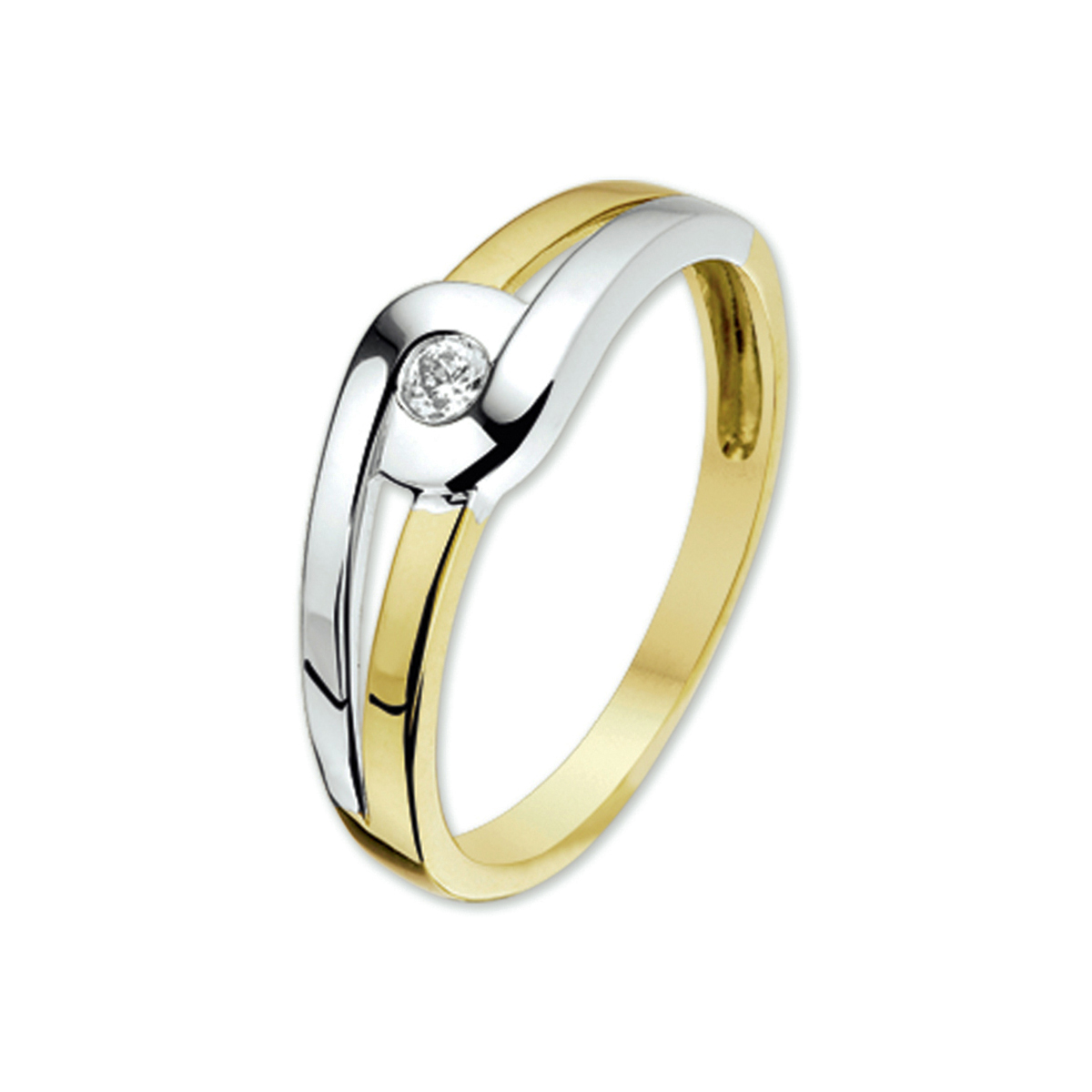 Bicolor wit- en geelgouden ring met zirkonia.