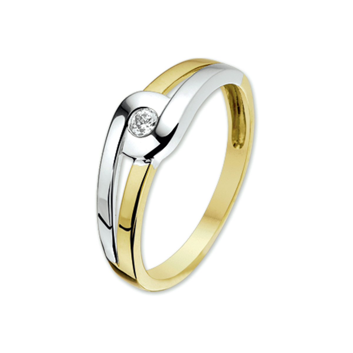Beschrijving: Bicolor wit- en geelgouden ring met zirkonia. 
Uniekenummer serie: 30449
Verpakt per: 1
Doelgroep: dames
Ringmaat: 19.00 mm (60)
Zetting: solitaire (span zetting)