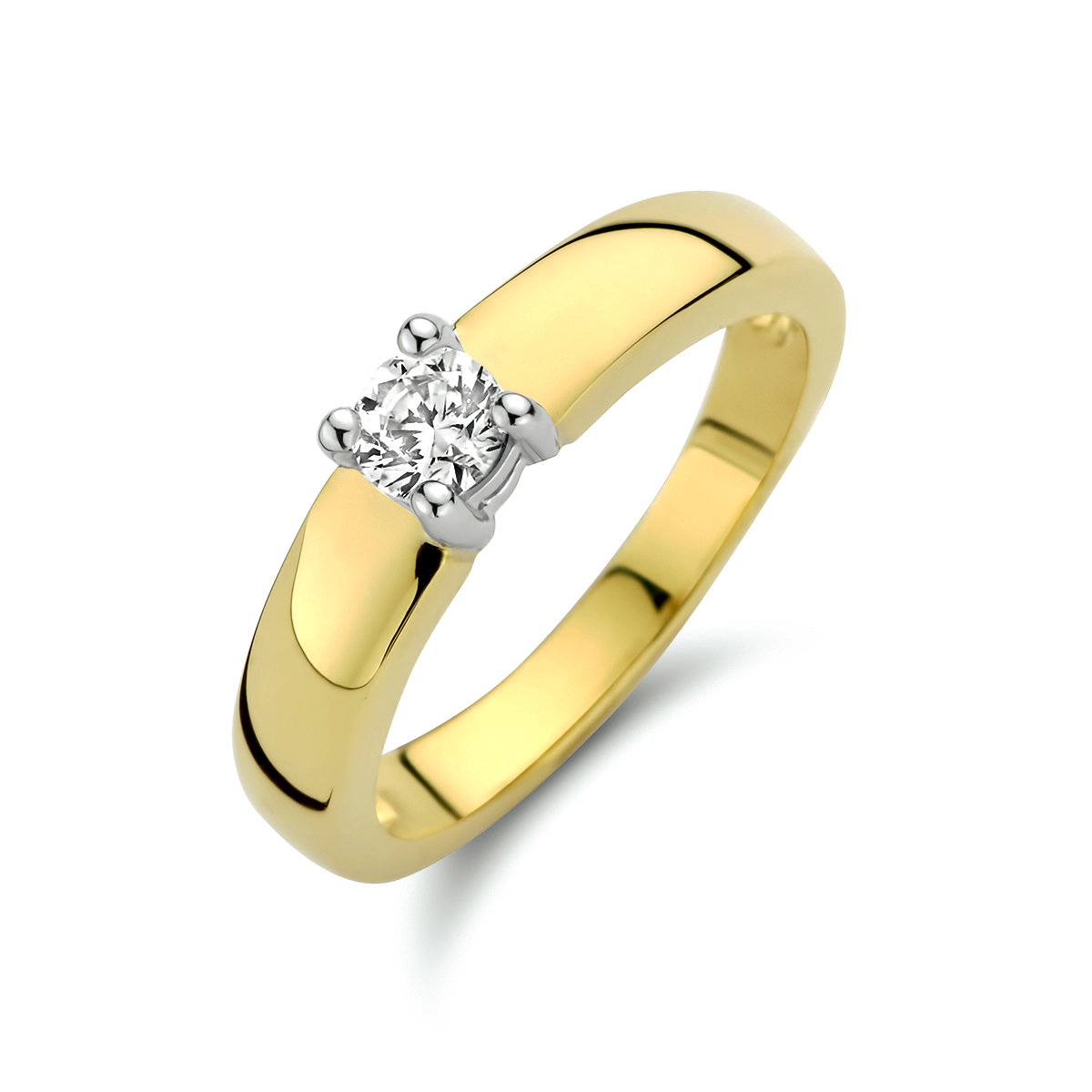 Beschrijving: Bicolor wit- en geelgouden ring met zirkonia. 
Uniekenummer serie: 27017
Verpakt per: 1
Doelgroep: dames
Ringmaat: 20.00 mm (63)
Breedte: 4 mm
Zetting: solitaire (chatonzetting)