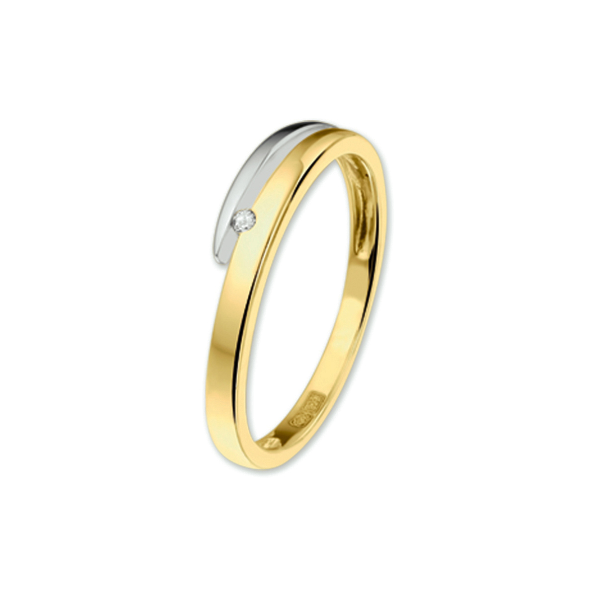 Beschrijving: Bicolor wit- en geelgouden ring met diamant. 
Doelgroep: dames
Ringmaat: 17.00 mm (53)
Breedte: 4 mm
Zetting: solitaire (span zetting)