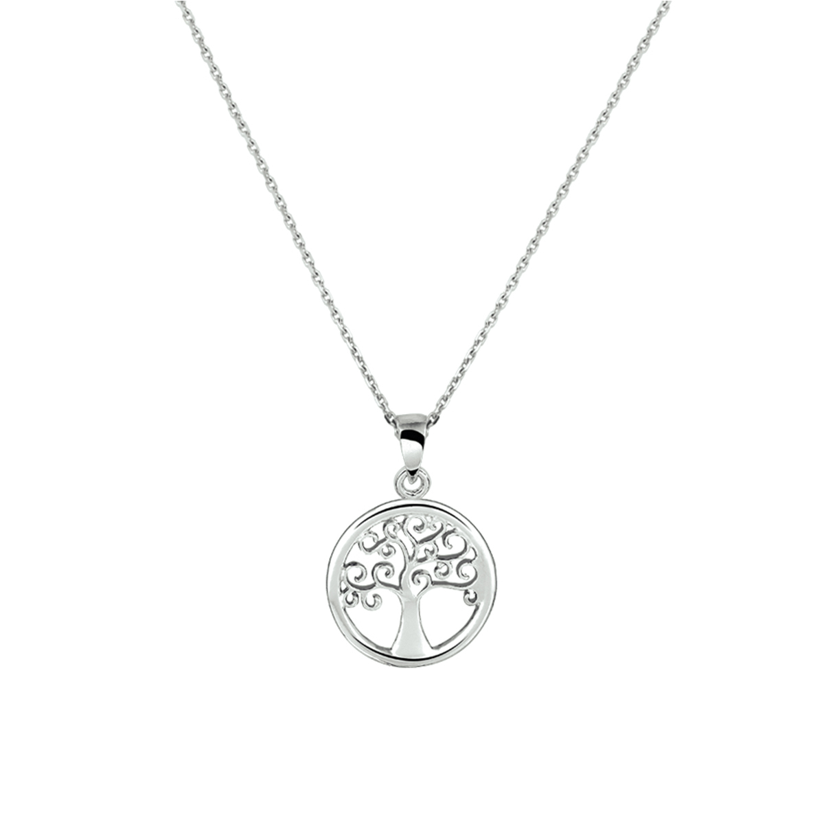 Gerhodineerd zilveren collier met een levensboom. De ronde hanger heeft een diameter van 15.5mm. De lengte van het collier bedraagt 41cm met 4cm extensie. De schakelbreedte is 1.1mm. Info: Gerhodineerd zilver is door de rhodiumlaag beter bestand tegen verkleuren en krassen.