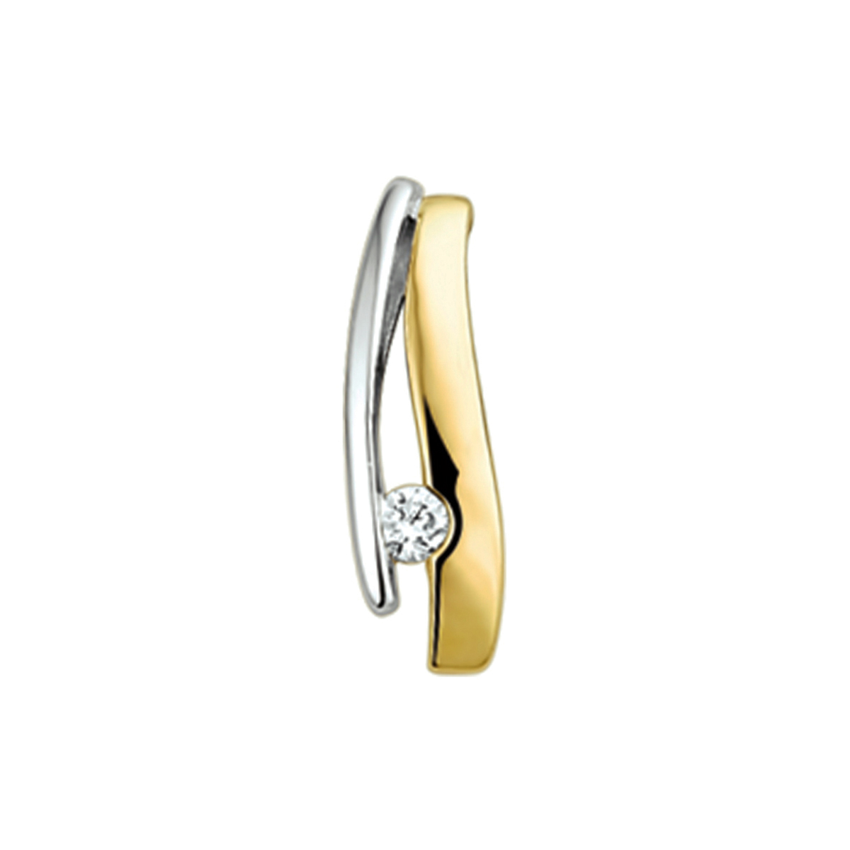 Bicolor wit- en geelgouden hanger met diamant. bic. 0,051 SI Breedte: 4.5 mm Hoogte: 16 mm
Zetting: solitaire (span zetting)