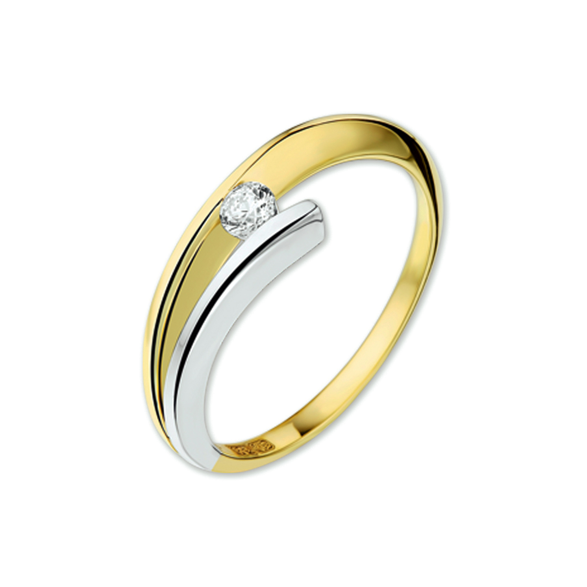 14 Karaat gouden bi-colour gesplitste fantasie damesring met zirconia gezet.