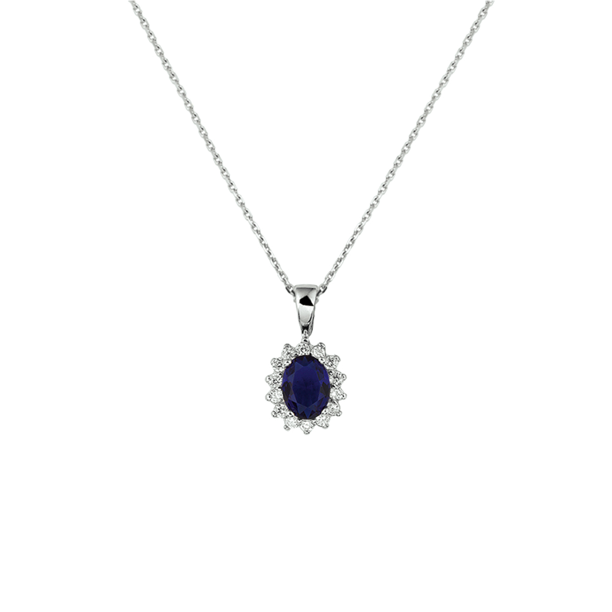 De collier is gemaakt van gerhodineerd zilver en is blauwkleurig. Het is een sieraad voor dames.