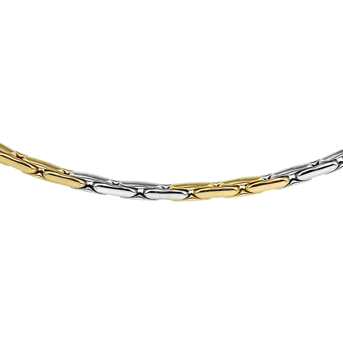 Beschrijving: Bicolor wit- en geelgouden collier.
Verpakt per: 1
Doelgroep: dames
Breedte: 3 mm
Langste lengte: 45 mm