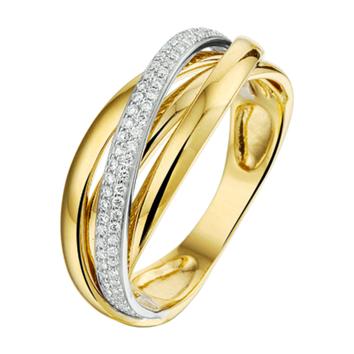 Chique bicolor geel- en witgouden ring van 8.5mm breed en uitgevoerd met een luxe pave van briljant geslepen diamant 0.22ct. De ring is ook verkrijgbaar in het witgoud 0.36ct.