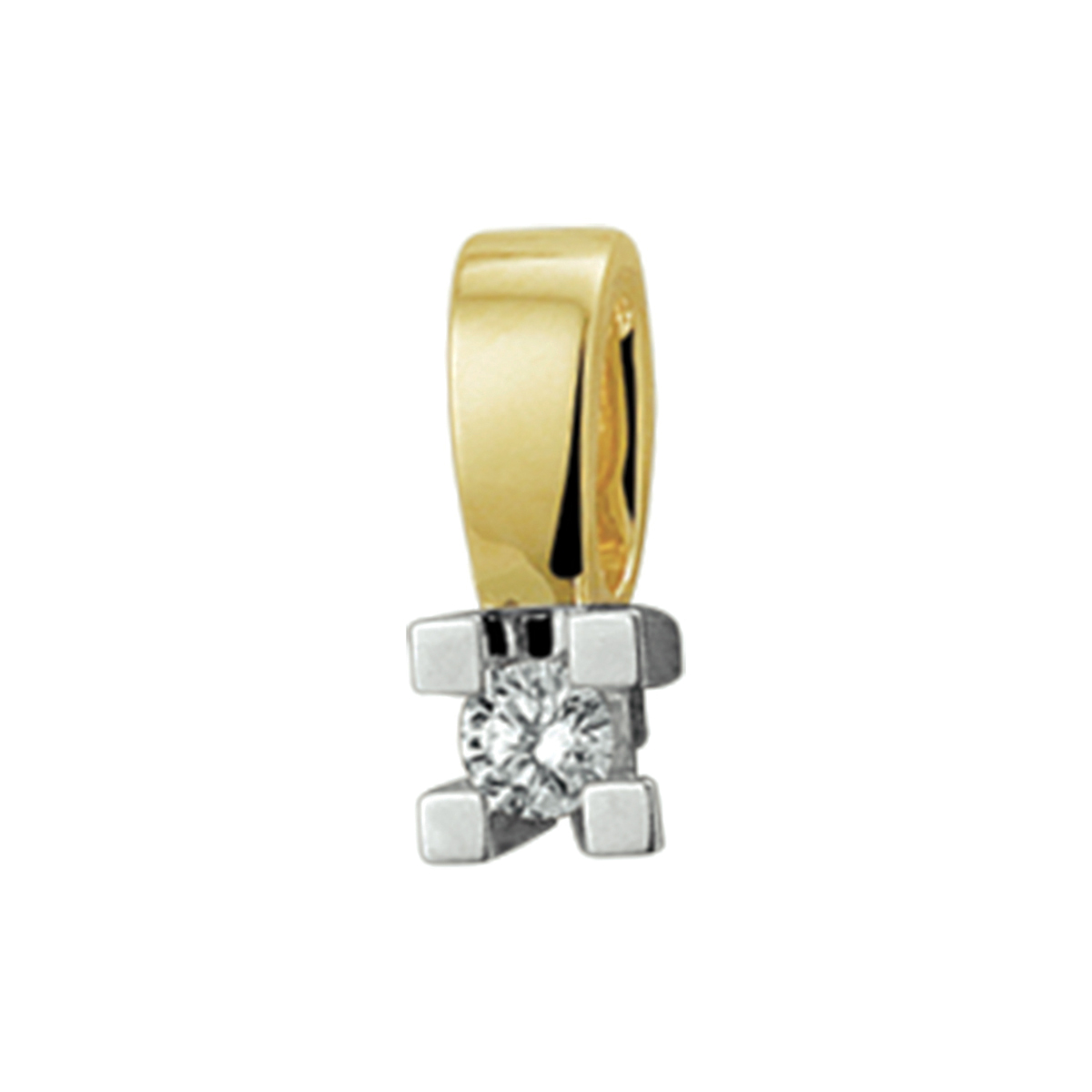 Beschrijving: Bicolor wit- en geelgouden hanger met diamant. 
Verpakt per: 1
Doelgroep: dames
Breedte: 3.5 mm
Hoogte: 9 mm
Zetting: solitaire (chatonzetting)