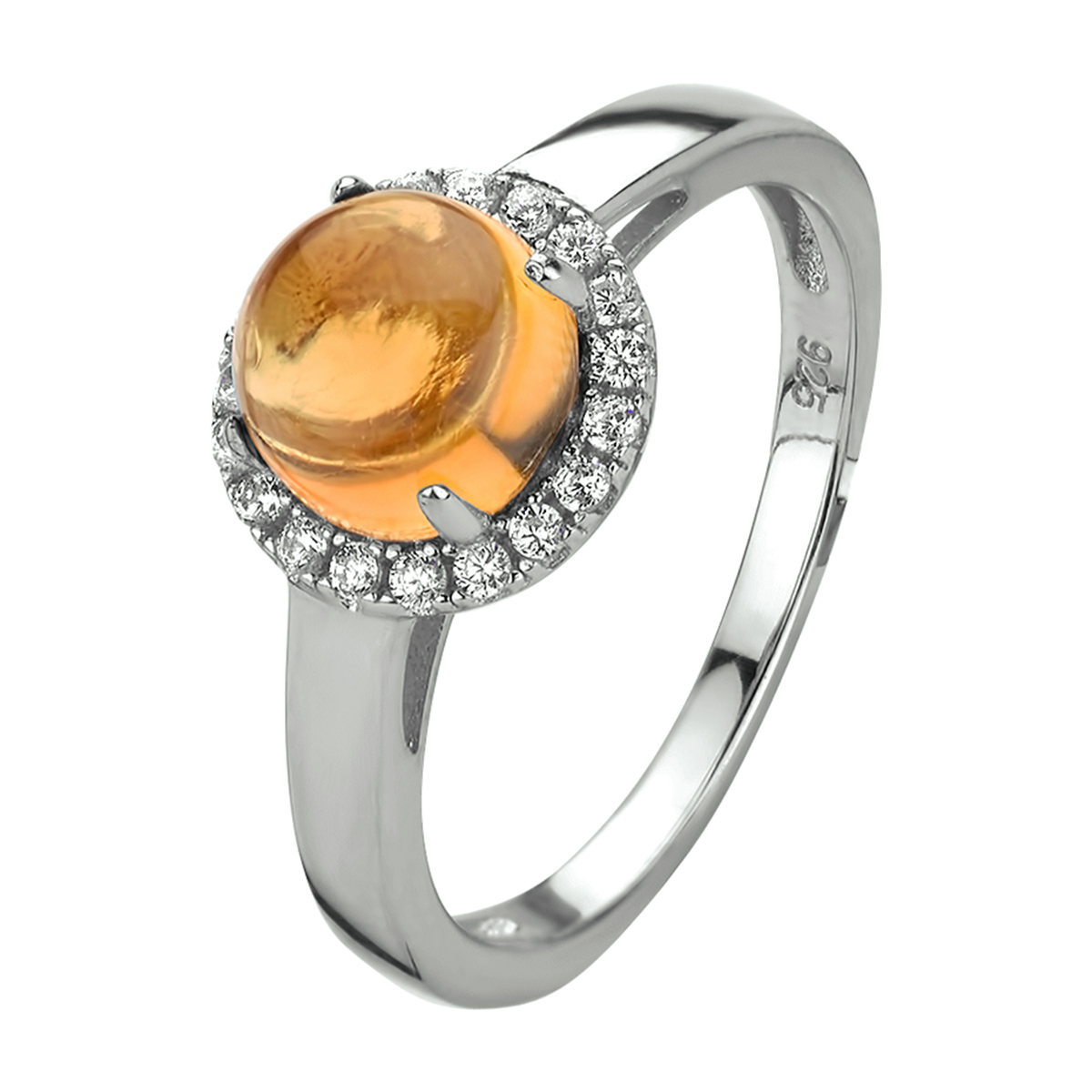 Gerhodineerd zilveren ring uitgevoerd met schitterende zirkonia en een citrien steen. De ring heeft een breedte van 9.5mm.