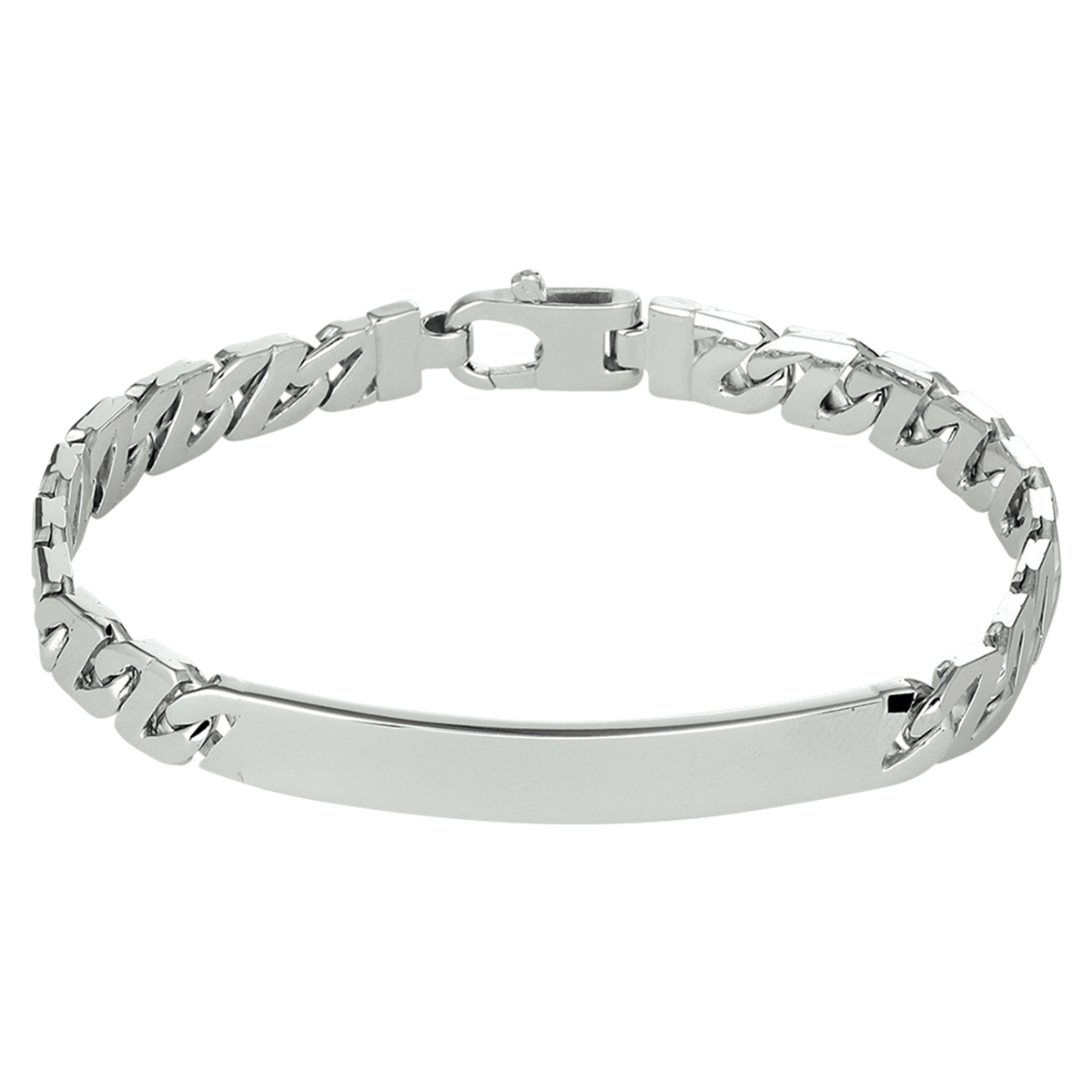 Gerhodineerd zilveren graveerarmband met een draaglengte van 21cm uitgevoerd met een stevige karabijn sluiting. De graveerplaat heeft een breedte van 6.5mm.