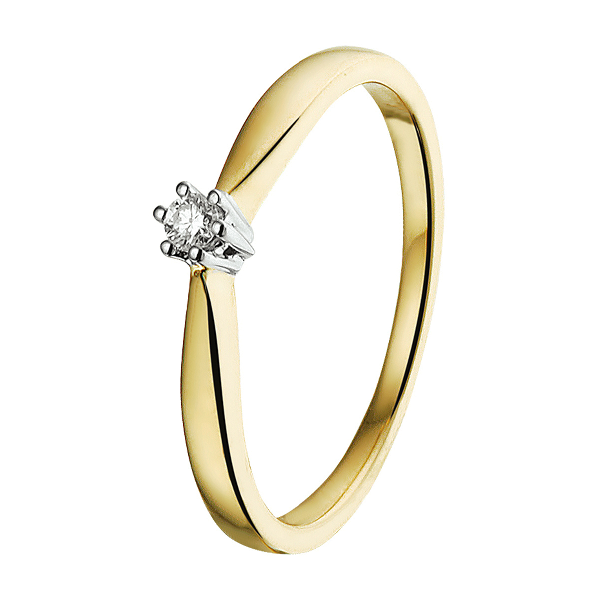 Klassieke bicolor geel en witgouden ring met een briljant geslepen diamant van 2mm en 0.05ct. in een chaton zetting. De ring heeft een scheenbreedte van 3.0mm en heeft een polit afwerking. De diamantkleur is H en de zuiverheid is SI2. De ring is perfect te combineren met een van onze andere sieraden in zowel geel als witgoud.