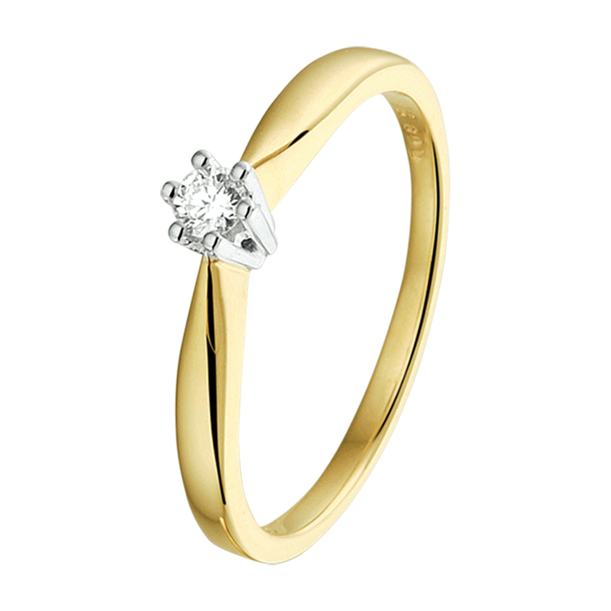 Klassieke bicolor geel en witgouden ring met een briljant geslepen diamant van 3mm en 0.08ct. in een chaton zetting. De ring heeft een scheenbreedte van 4.0mm en heeft een polit afwerking. De diamantkleur is H en de zuiverheid is SI2. De ring is perfect te combineren met een van onze andere sieraden in zowel geel als witgoud.