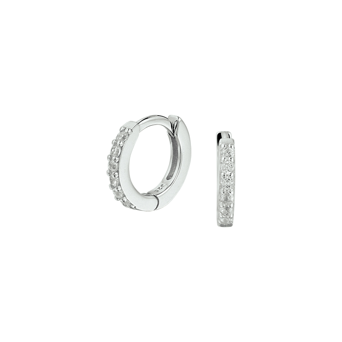 Gerhodineerd 925 zilveren oorringen met scharnier uitgevoerd met een schitterende zirkonia rij. De oorringen hebben een diameter van 9.2mm.
