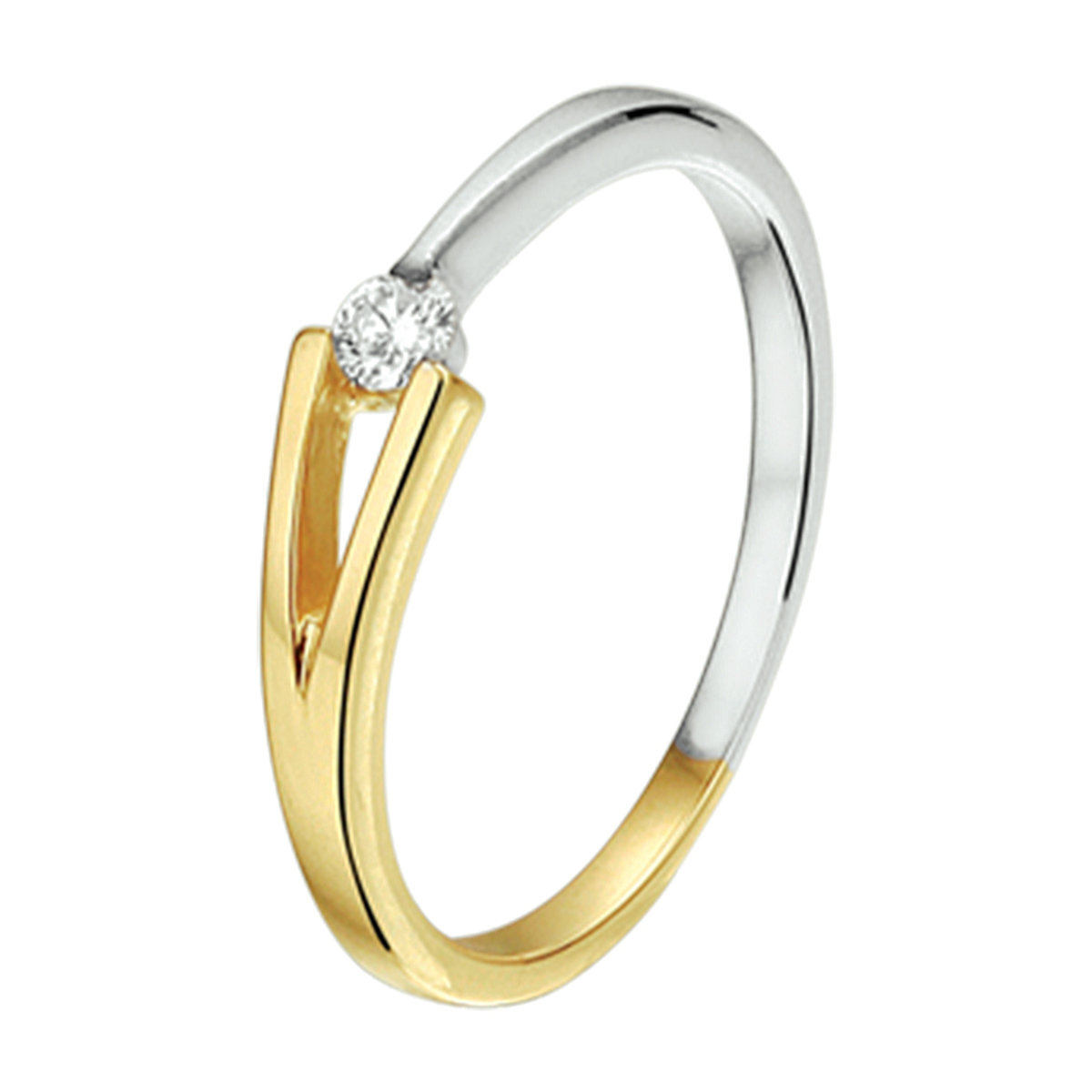 14k Bicolor gouden ring met een, briljant geslapen diamant