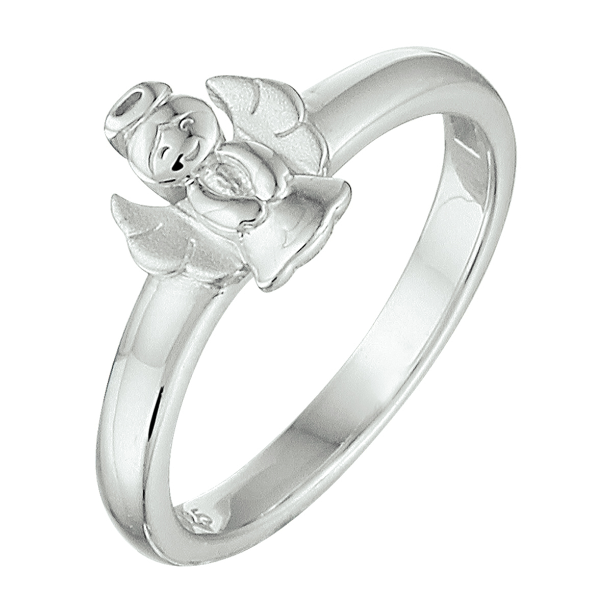 Gerhodineerd 925 zilveren ring uitgevoerd met een engel. De ring heeft een breedte van 7mm.
