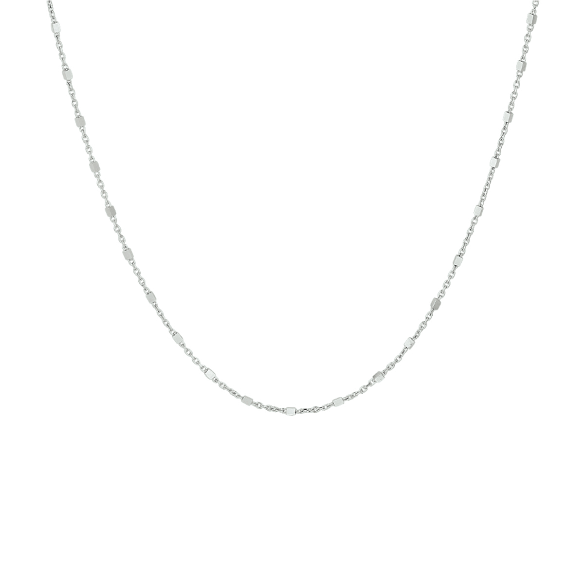 Gerhodineerd 925 zilveren 1.2mm blokjes collier uitgevoerd met een karabijn sluiting. Het collier heeft een draaglengte van 41cm met een extensie van 4cm.