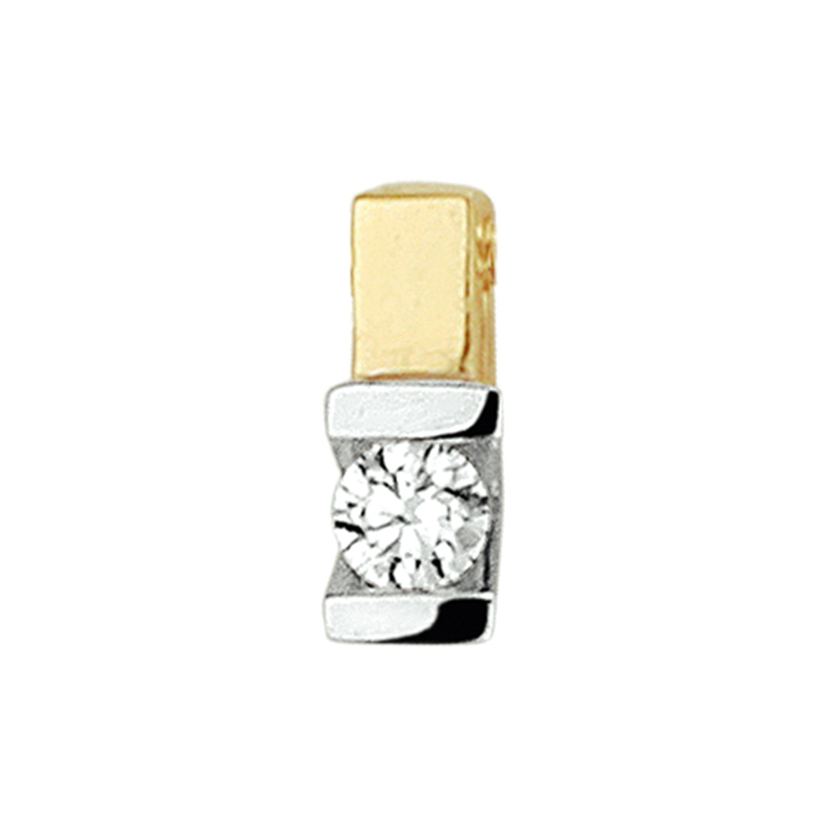 Bicolor geel en witgouden hanger van 7.8x3mm uitgevoerd met een ingespannen briljant geslepen diamant van 0.075ct. De hanger is te combineren met bijpassende sieraden uit onze collectie.Tip: Combineer deze hanger met een collier uit onze collectie en de hanger kan direct om!.
