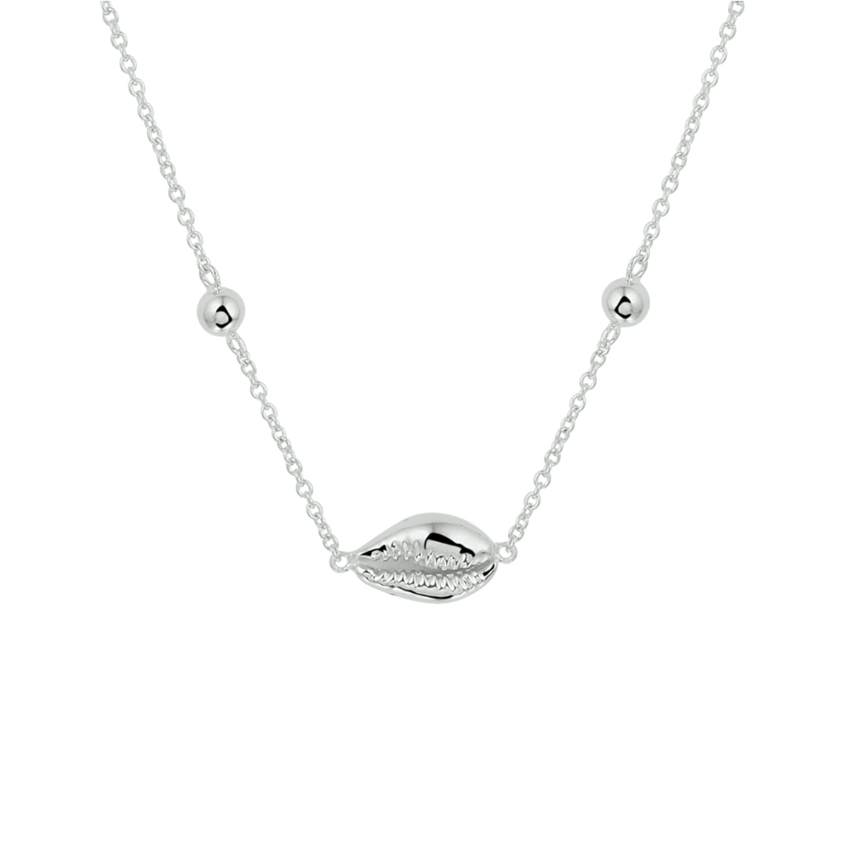 Gerhodineerd 925 zilveren collier uitgevoerd met een schelp en een stevige karabijn sluiting. Het collier heeft draaglengtes van 41, 43 en 45cm.